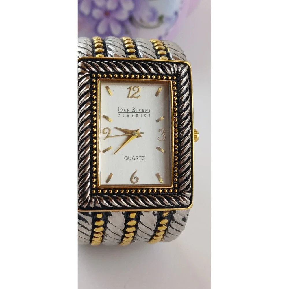 MINT Signed Vintage Joan Rivers Classics Two Tone Pebbled Metal Cuff Tank Watch